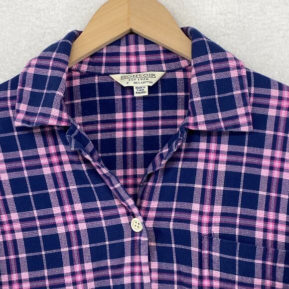 BONSOIR Pajama Set Womens M Flannel Brushed Cotton Plaid Shirt Pants Purple - Picture 5 of 14